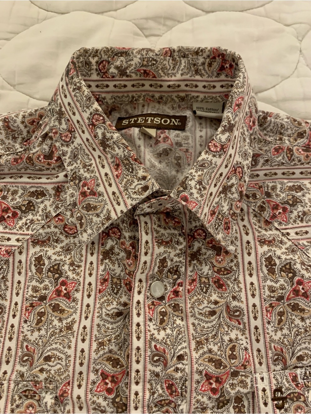 Stetson Western Shirt Mens large Brown Paisley Pearl Snap Cowboy Rodeo Ranch